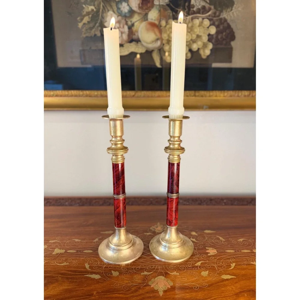 Vintage Brass Candlestick Pair • Red Faux Marble Enamel Column Candle Holders